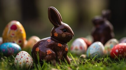 Easter, spring seasonal holiday - chocolate bunny and colourful painted eggs on green grass