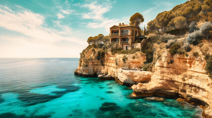 Fototapeta premium An awe-inspiring image of a lavish summer villa set against a pristine beach and turquoise waters