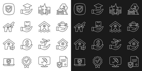 Set line Contract with shield, House in hand, Car insurance, accident, Delivery, lightning, Shield and flood icon. Vector