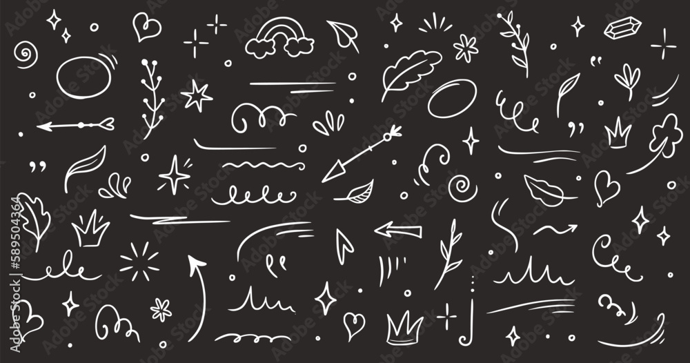 Poster Sketch element line set on chalkboard. Abstract nature element decoration graphic icon set. Sketch hand drawn line element for brush, abstract decoration design. Vector illustration