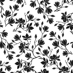 Floral pattern with magnolia flowers. Seamless pattern with magnolia branches silhouettes. Vector black and white seamless background