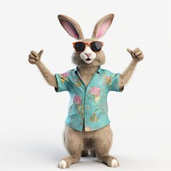 Easter, spring seasonal holiday - bunny with shirt and sunglasses on white background