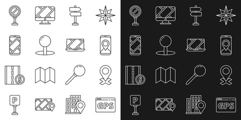 Set line Gps device with map, Location, City navigation, Road traffic sign, Push pin, Stop and icon. Vector