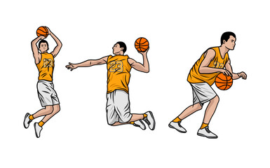 Fototapeta na wymiar Basketball players illustration vector. Group of basketball players in different playing positions. basketball players team in uniform with ball isolated on white background