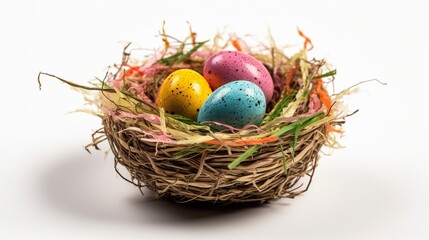 Easter, spring seasonal holiday - eggs rustic composition on white background
