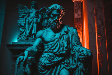 Fototapeta premium A statue of a greek man with red light in the background.