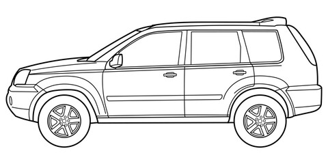 Classic suv car. Crossover car side view shot. Outline doodle vector illustration. Design for print, coloring book