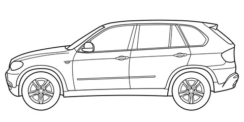 Classic suv car. Crossover car side view shot. Outline doodle vector illustration. Design for print, coloring book