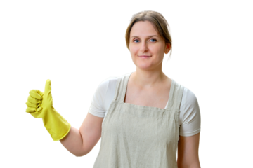 Woman showing thumb up approving gesture while cleaning home kitchen, isolated on a white background