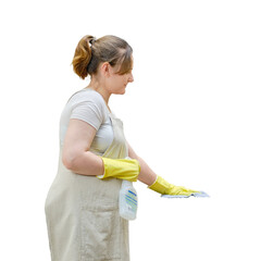 A woman washes an electric induction cooker with a rag when cleaning a home kitchen, isolated on a...