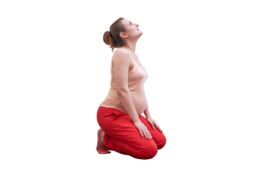Happy pregnant woman is engaged in workout in the home, isolated on a white background. Warm up for back muscles and stretching of the spine