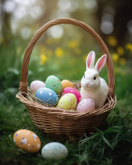 Easter, spring seasonal holiday - bunny and colourful painted eggs on green grass