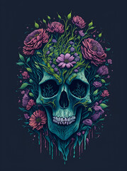 Skull moss covered with flowers. AI generated illustration