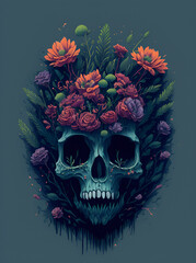 Skull moss covered with flowers. AI generated illustration
