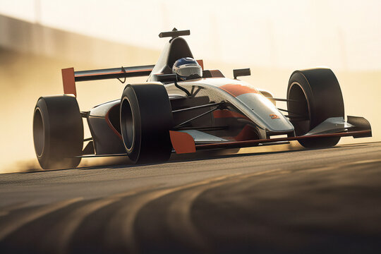 Sleek and Clean Design of a Racing Car up close on a Sunlit Track in a Low Angle Front View, made with Generative AI