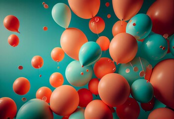 Fototapeta na wymiar Coral, Orange and Aqua Balloons Rising in the Air. Fun, Party Background. Generative AI