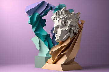 A paper sculpture of a man's head with a purple background. Generative AI
