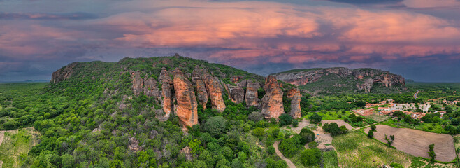 Aerial of the Sandstone cliffs in the Serra da Capivara National Park, UNESCO World Heritage Site, Piaui, Brazil