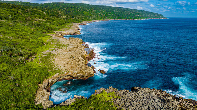 Aerial of the rugged coastline and the blowholes, Christmas Island, Australian Indian Ocean Territory, Australia, Indian Ocean