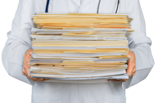 Close-up of a Doctor with Stack of Documents , Files