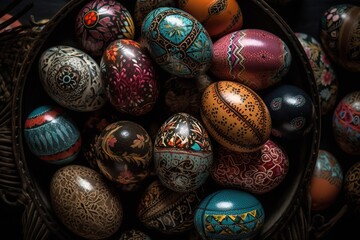 Easter, spring seasonal holiday - colourful painted eggs on dark rustic fabric background