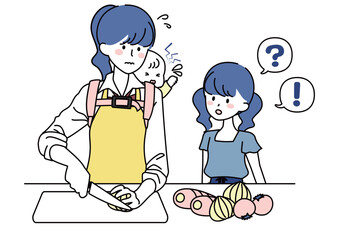 赤ちゃんをおぶって料理をする女子高校生