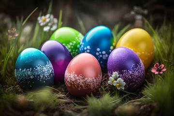 Obraz na płótnie Canvas Easter, spring seasonal holiday - colourful painted eggs on green grass