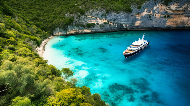 A striking image of a lavish yacht anchored in an idyllic, hidden bay, surrounded by breathtaking natural beauty, epitomizing indulgence and exclusivity