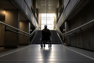 Back view of unrecognizable disabled senior man sitting on wheelchair in front of staircase in hospital. Generative AI, concept of disabled people problems