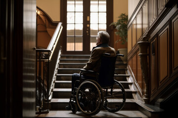 Fototapeta na wymiar Back view of unrecognizable disabled senior man sitting on wheelchair in front of staircaseat home. Generative AI, concept of disabled people problems