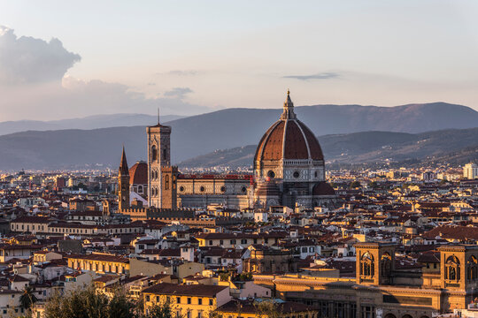 View of Santa Maria del Fiore cathedral from Piazzale Michelangelo in Florence downtown, Tuscany, Italy.