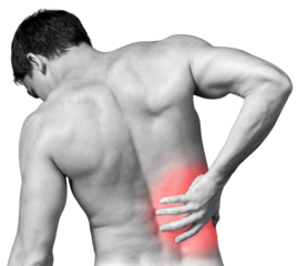 Strong man with back pain, back view