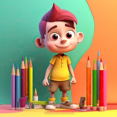 Back to school with a playful, cheerful 3D cartoon character of a small boy on a colorful background. Generative AI