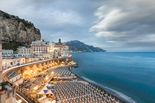 View of Atrani, a small town along the Amalfi Coast in Salerno, Campania, Italy.