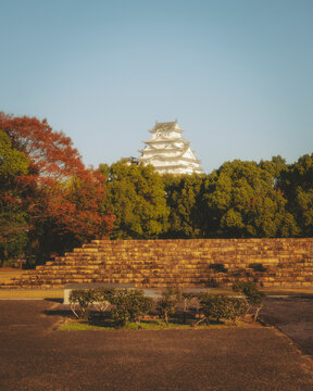 View of the Himeji Castle at sunrise during koyo season, Hyogo, Japan.