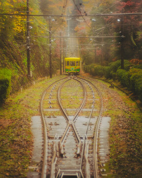 View of the funicular leading to the top of Mount Takao during koyo season, Tokyo, Japan.
