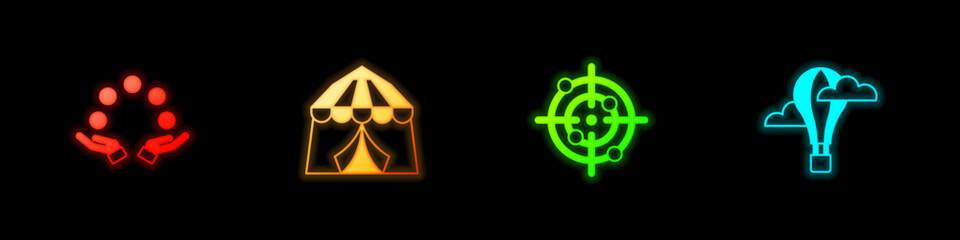 Set Juggling ball, Circus tent, Target sport and Hot air balloon icon. Vector