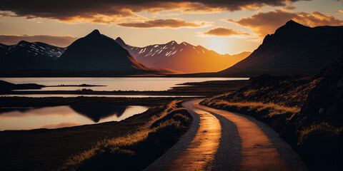 Road along the lake at sunset. Generative Ai.