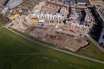 Meadow floodplains and aerial view on PUUR21 new housing construction project part of urban...