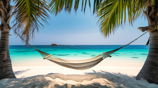 A serene image of a hammock on a pristine beach, evoking a sense of peace, leisure, and the blissful enjoyment of a tropical paradise