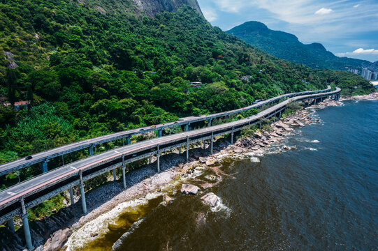Aerial panoramic view of Elevado do Joa, a complex of tunnels, bridges and viaducts that connects the south and west zones of the city of Rio de Janeiro on the Atlantic coast, Rio de Janeiro, Brazil