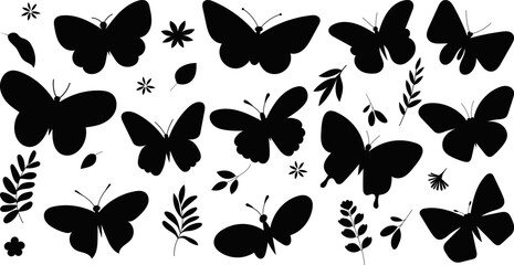 set of butterflies silhouette on white background, vector