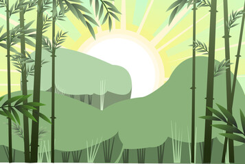 Sunrise in bamboo forest. Tropical reed beds. Jungle and rainforest of southern latitudes. Cartoon fun style. Flat design. Vector