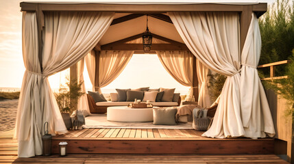 Fototapeta na wymiar An exquisite image of a chic beach cabana, providing an inviting and elegant retreat for a luxurious summer getaway
