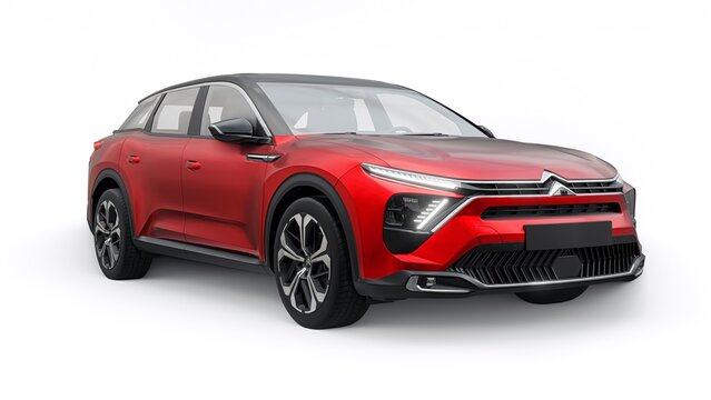 Paris, France. April 05, 2023. Stylish and spacious red Citroen C5X crossover combines sedan and SUV elements with advanced tech and comfort for practical luxury. 3d rendering.
