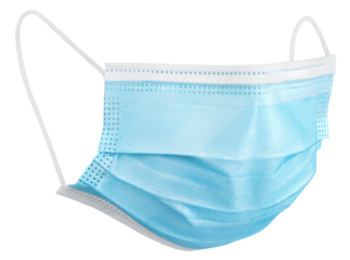 Blue medical protective face or surgical earloop mask isolated on transparent background