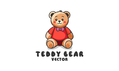 Vector children toy, sitting cute cuddly beautiful teddy bear in a red shirt and a pink bow tie. White isolated background.