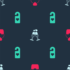 Set Wedding cake, Glass of champagne and Please do not disturb with heart on seamless pattern. Vector