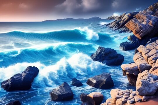 extraordinary sea rocks, rocks. Beautiful blue water waves against the rocky shore - generative ai