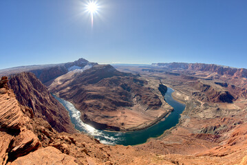 The bend in the Colorado River at Lee's Ferry in Glen Canyon Recreation Area viewed from the plateau at the end of Spencer Trail at Marble Canyon in winter, Arizona